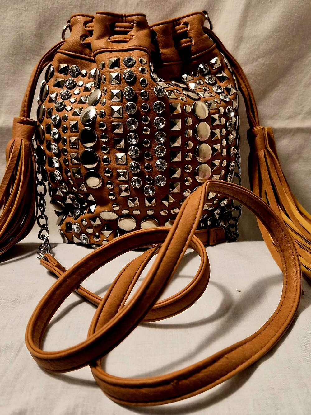 Rue21 Tan Studded Tassel Bucket Crossbody